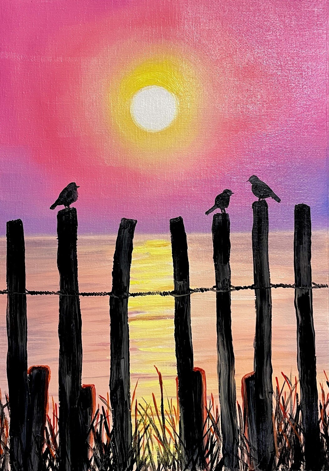 Sunset and Bird Silhouettes in Oils