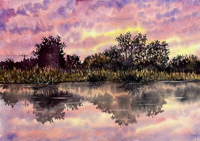 Pink Skies , Trees, and Reflections in Watercolour
