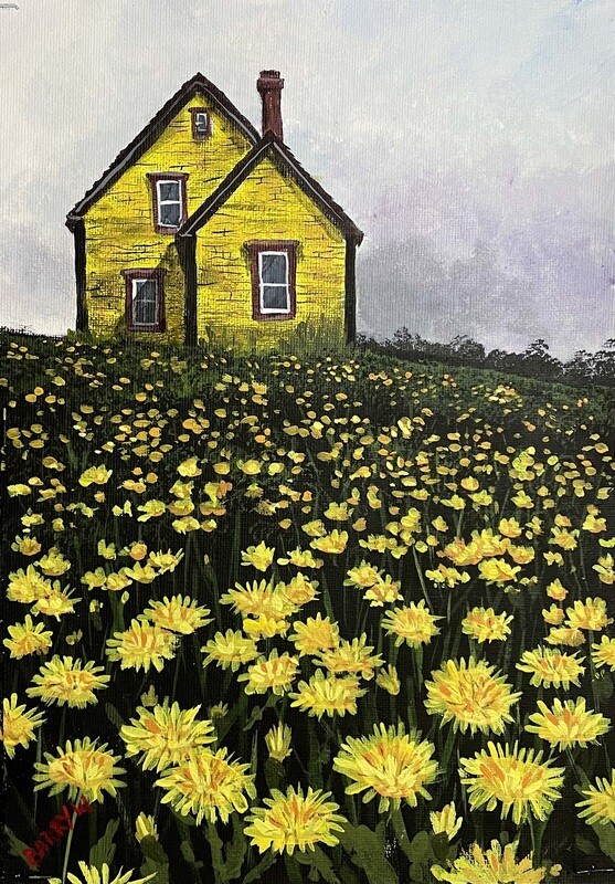 Yellow House Surrounded by Dandelions in Acrylics