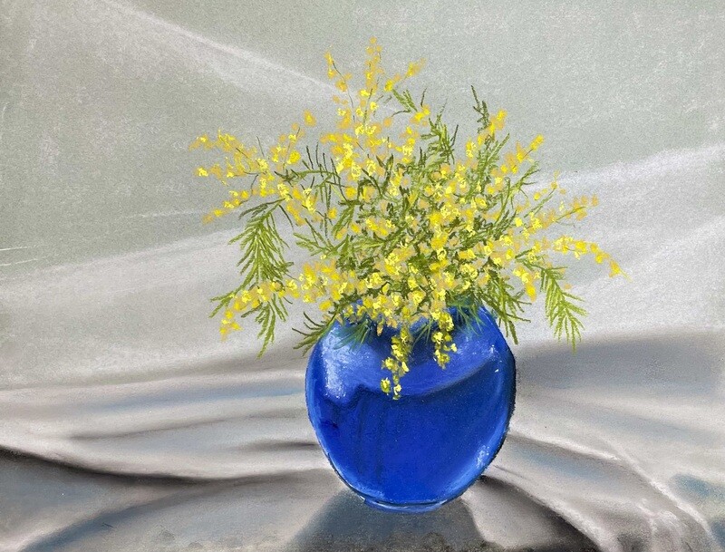 Yellow Flowers in a Blue Vase in Pastels