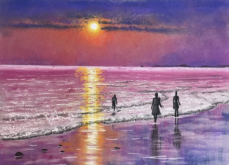 Figures on the Beach at Sunset in Pastels
