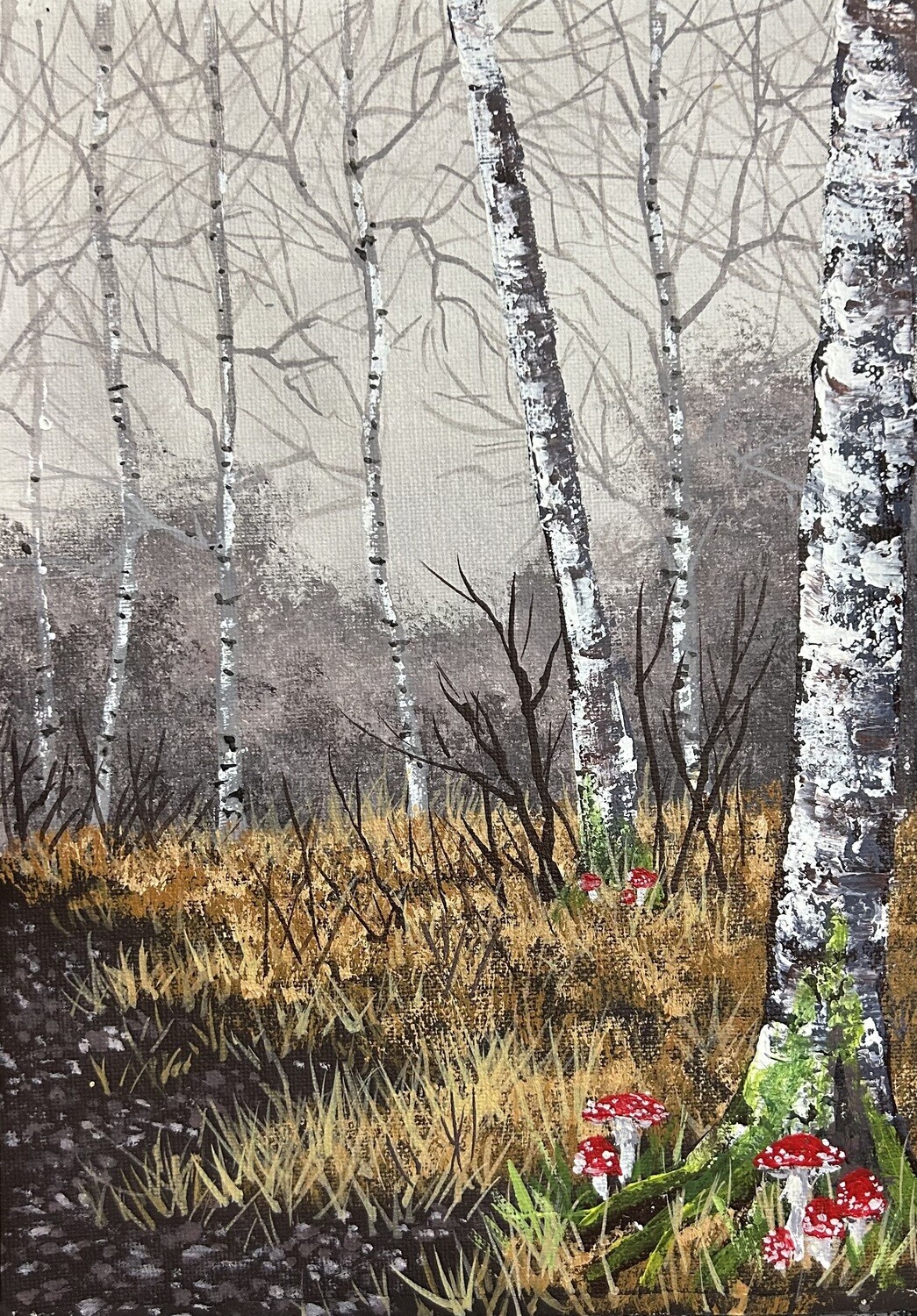 Birch Trees and Toadstools in Acrylics