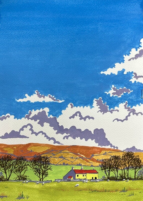 Rural Scene with Big Clouds - Brian Cook Style in Gouache