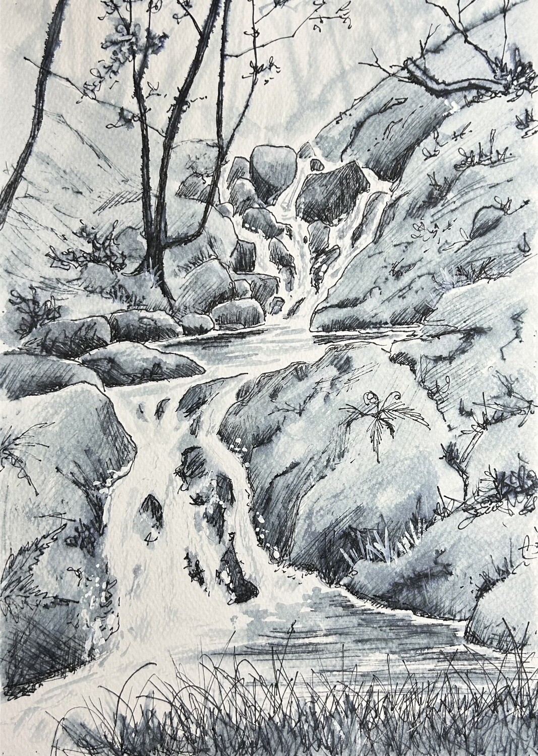 Arthog Falls in Water Soluble Pen