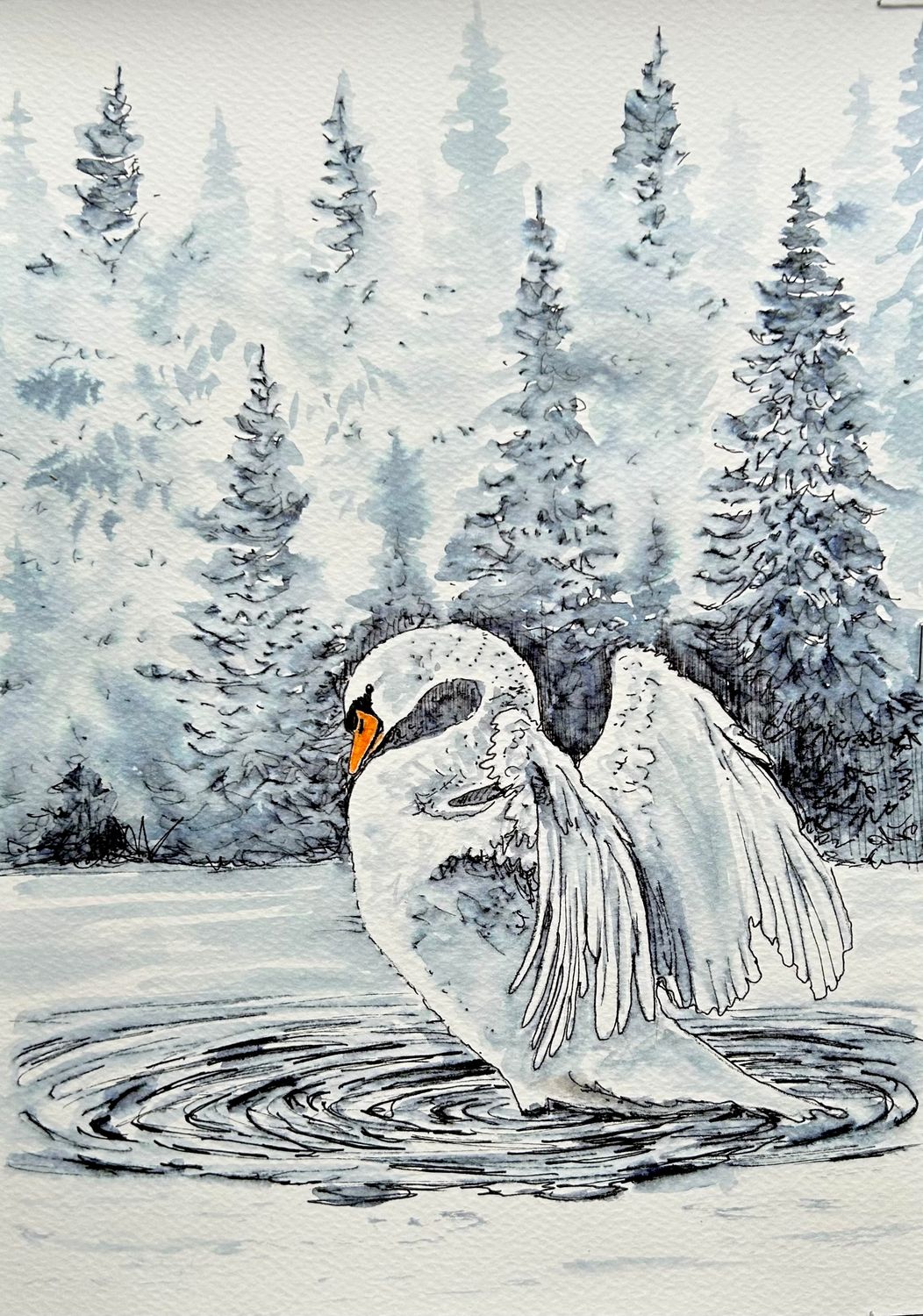 Swan on a Magical Icy River in Watercolour