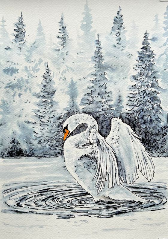 Swan on a Magical Icy River in Watercolour