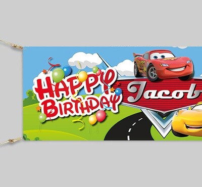 Personalised Cars Theme Birthday Banner. Waterproof