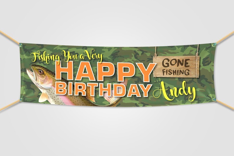 Personalised Fishing Theme Birthday Banner. Waterproof