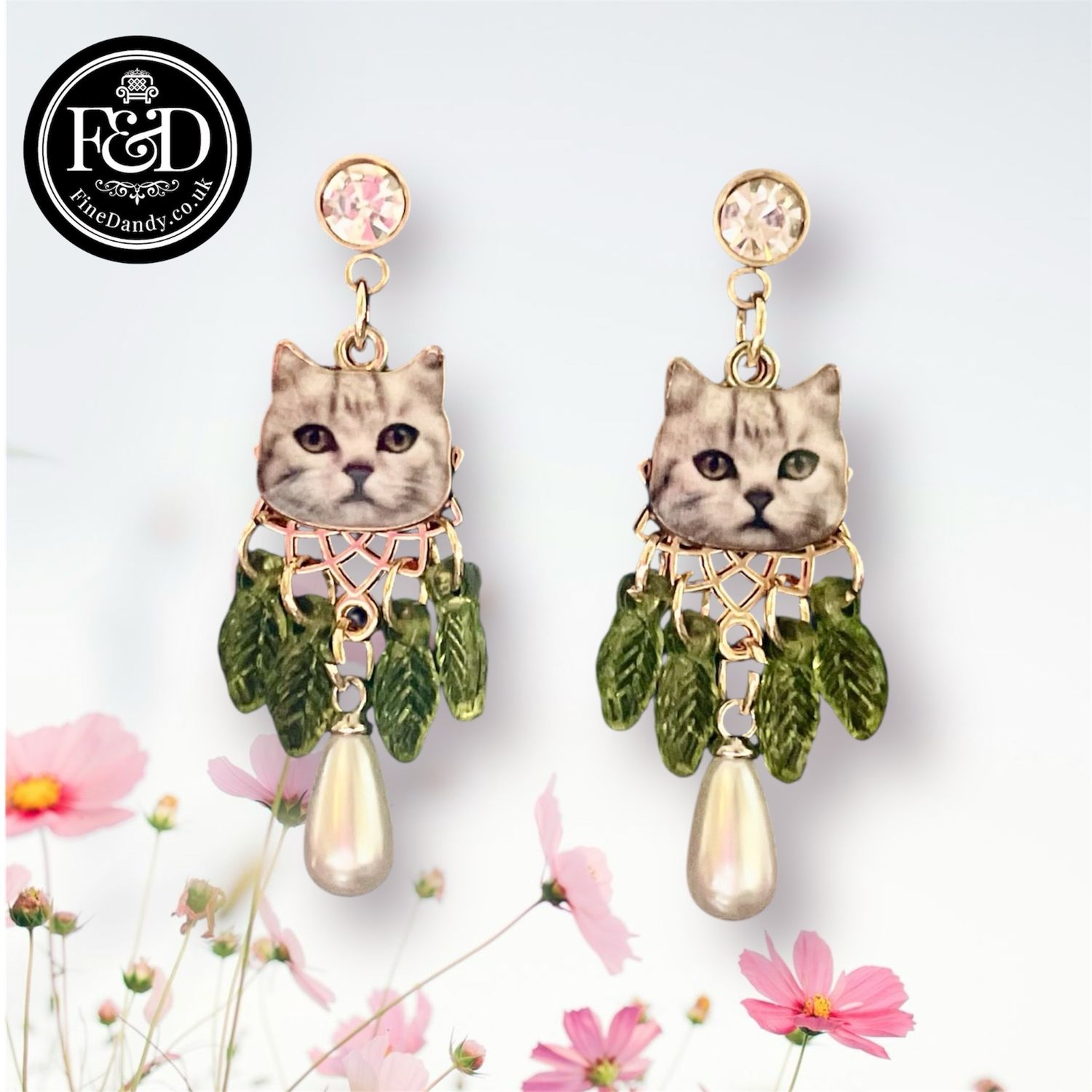 Cat Face Dangle Earrings with Green Leaves &amp; Pearl Drop | Whimsical Handmade Jewelery