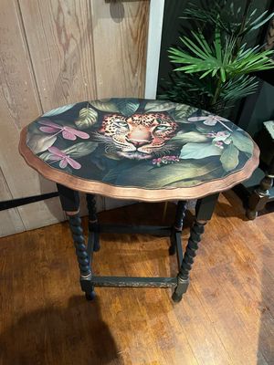 Upcycled Vintage Oak Table with Leopard Design – Animal Print Decor