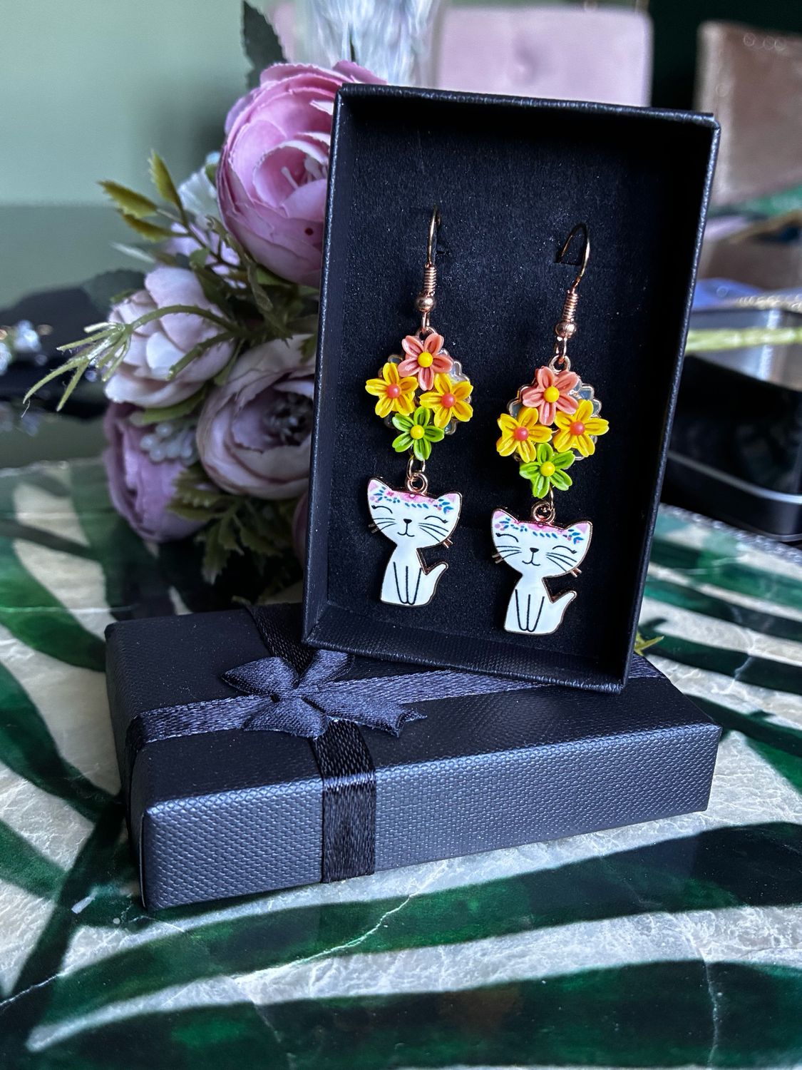 Enamel Cat Earrings With Bouquet
