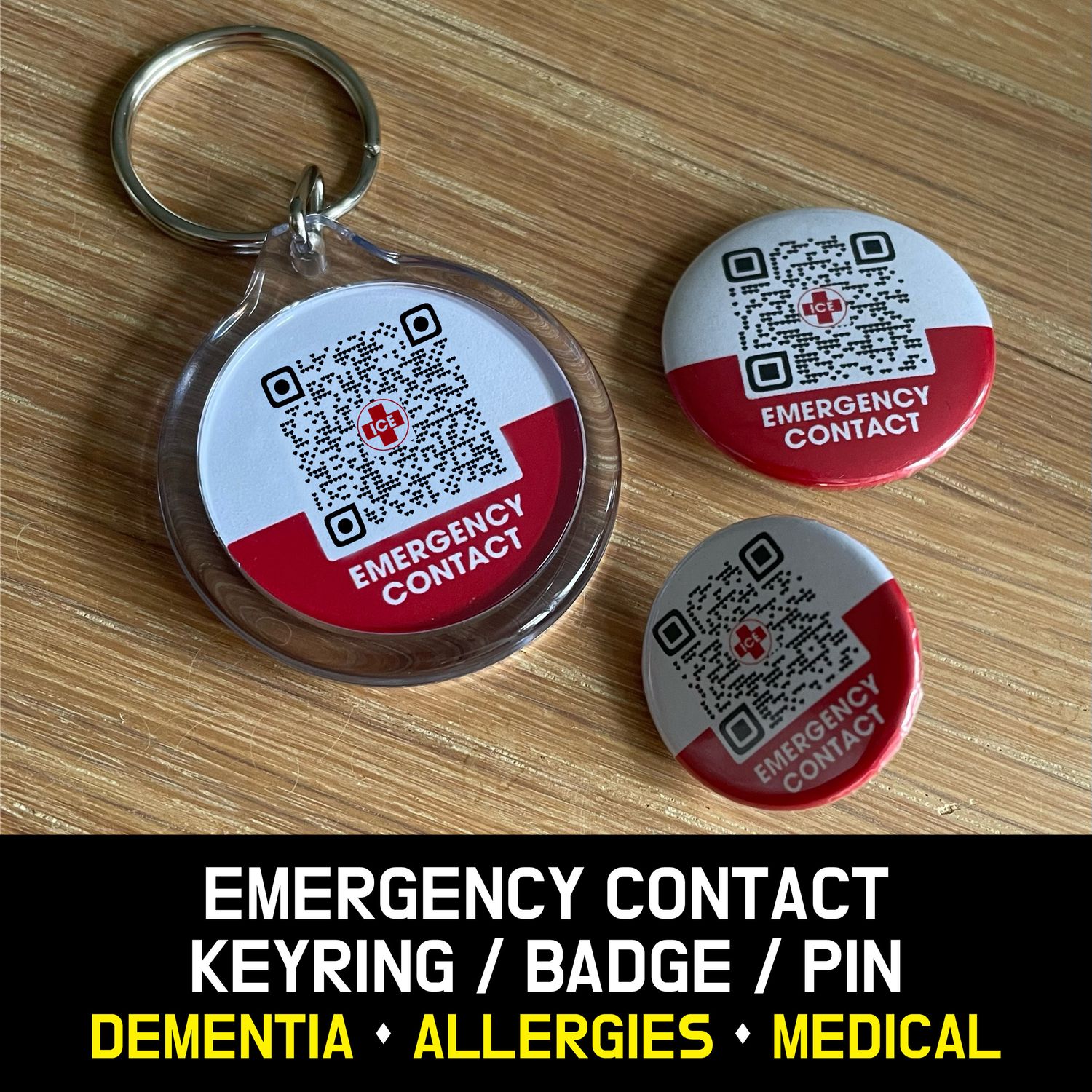 Emergency Contact Keyring &amp; Badge – Medical &amp; Allergy ID Tag. Dementia Keyring. Autism Keyring