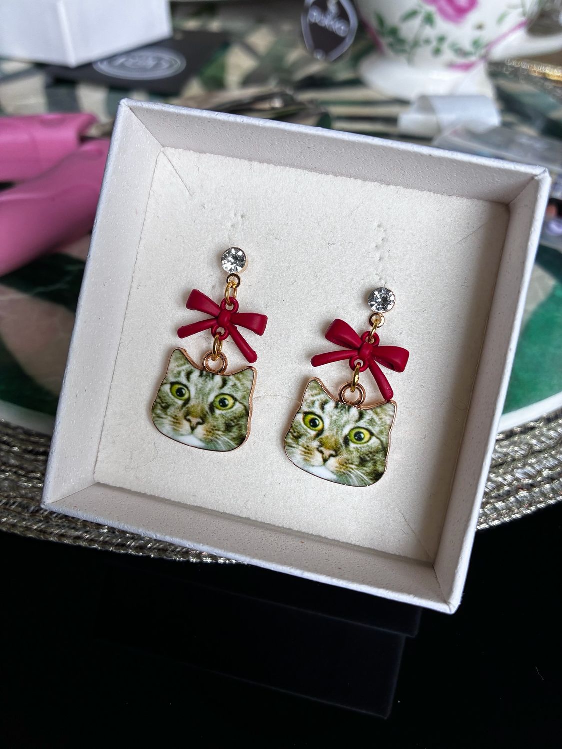 Cat Earrings With Red Bow Cat Earrings With Red Bow