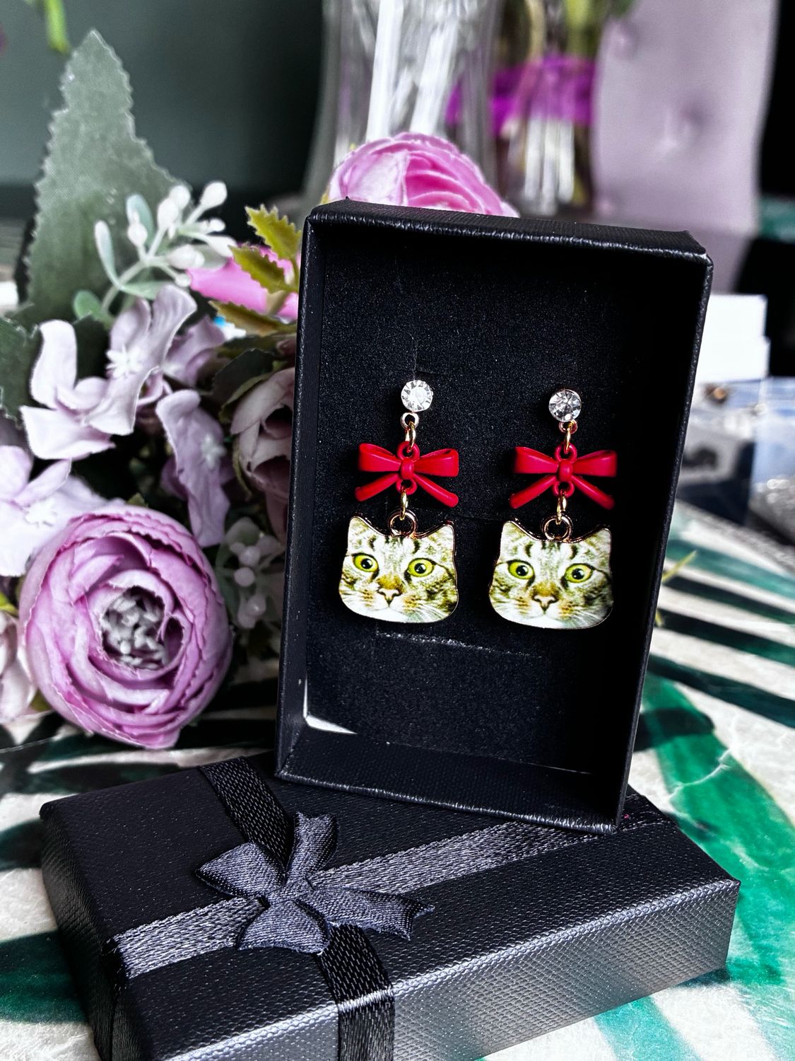 Cat Earrings With Red Bow