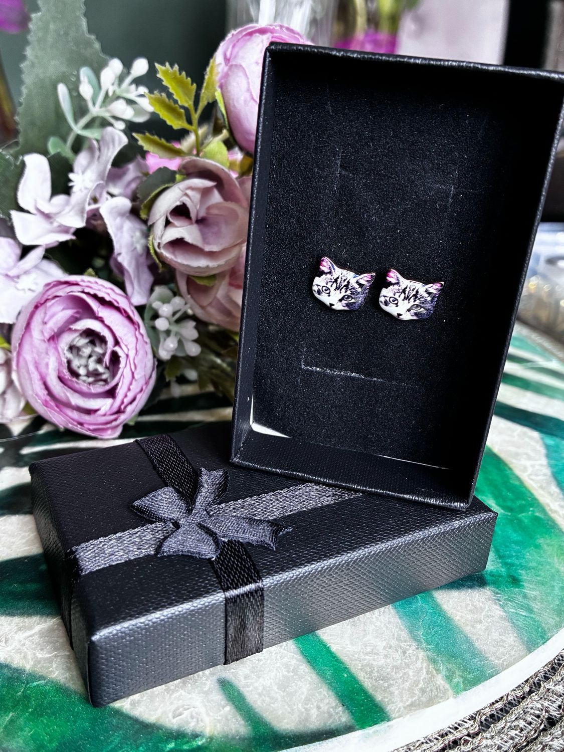 Dark Grey Tabby Cat Stud Earrings