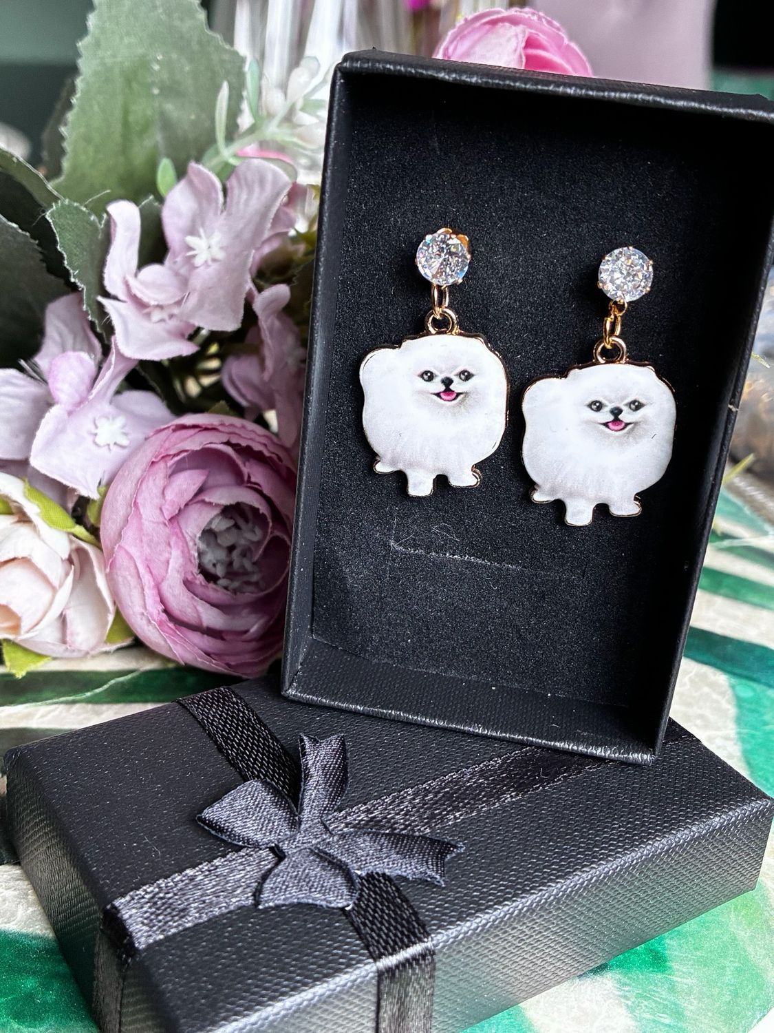Enamel Pomeranian Drop Earrings