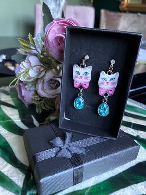 Enamel Cat Earrings With Blue Gem Enamel Cat Earrings With Blue Gem