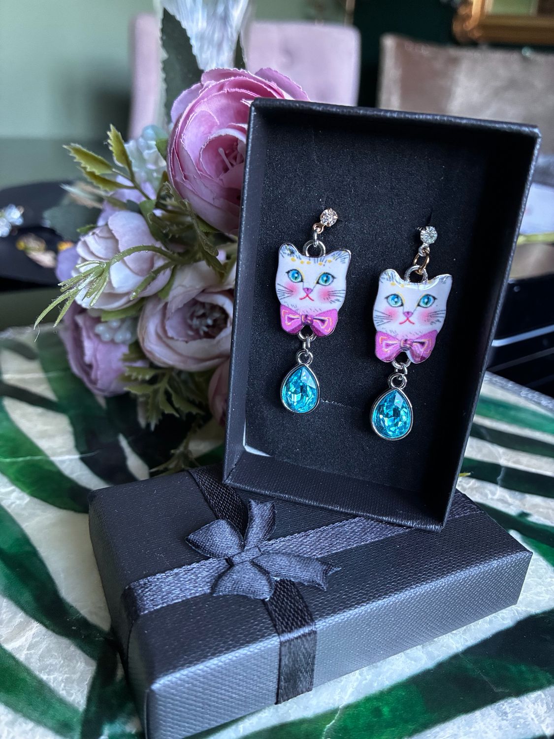 Enamel Cat Earrings With Blue Gem