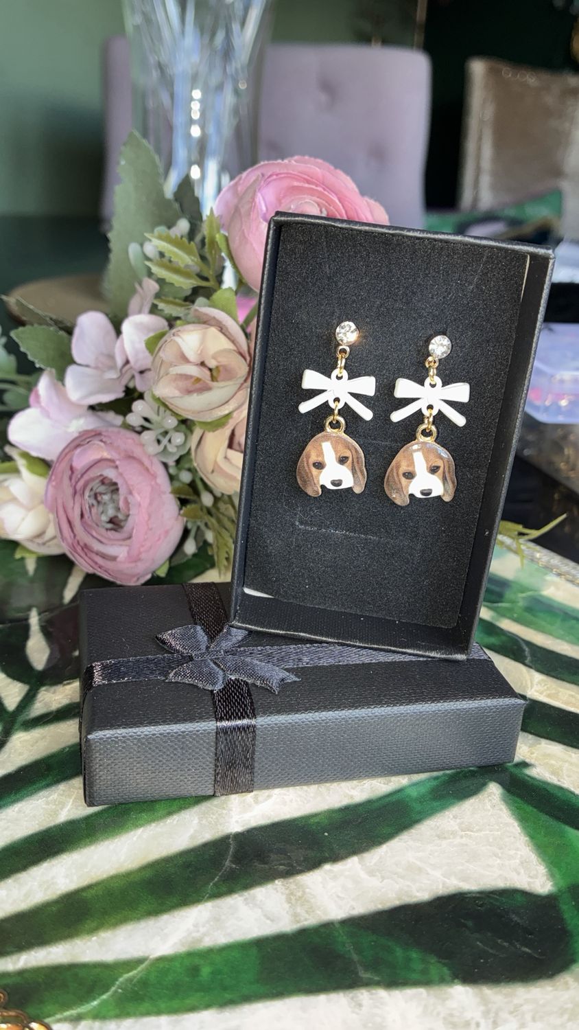 Enamel Beagle Drop Earrings with white bow