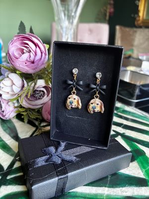 Enamel Labrador Drop Earrings with white bow