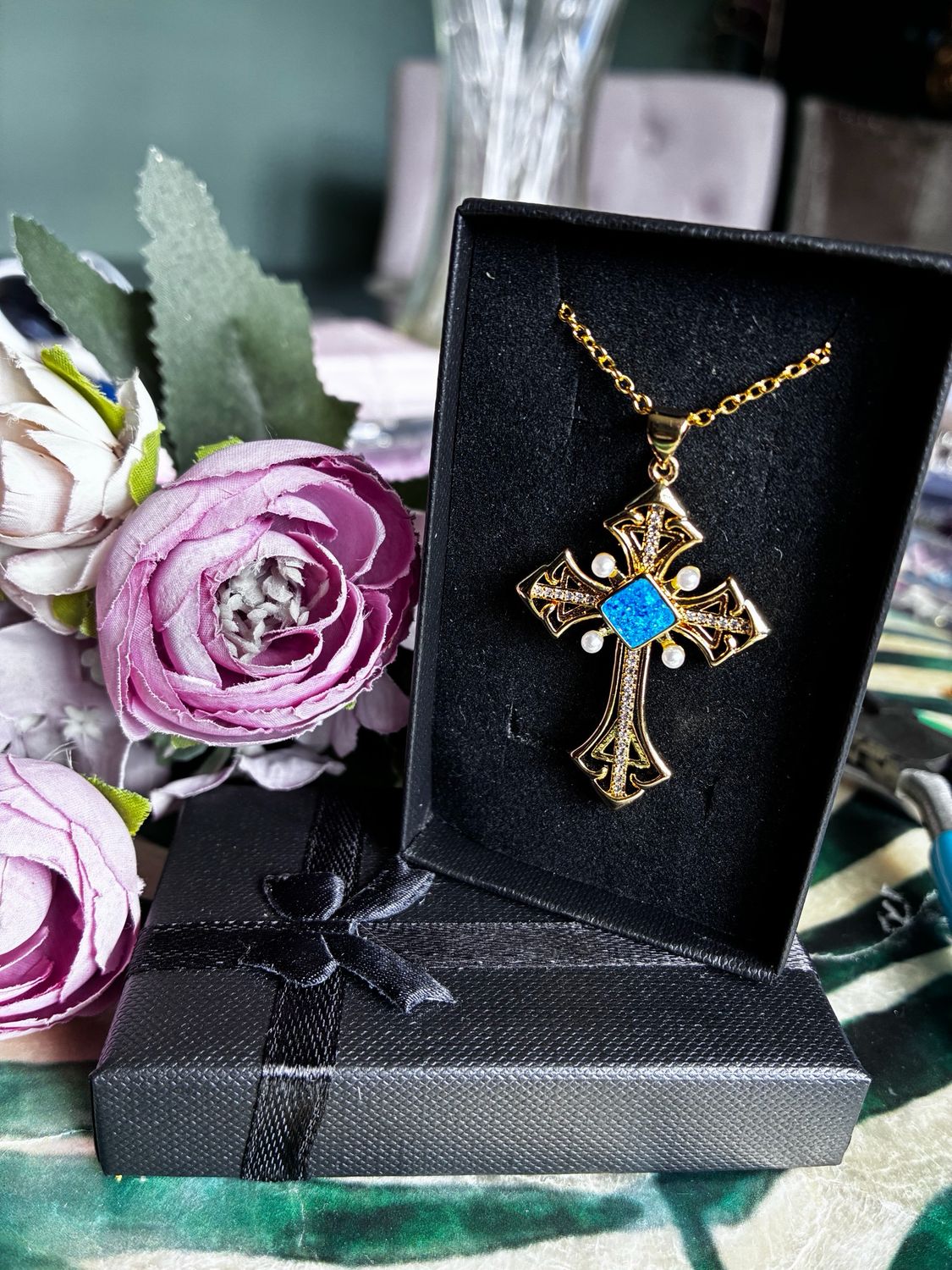 Ornate cross necklace 18k gold plated