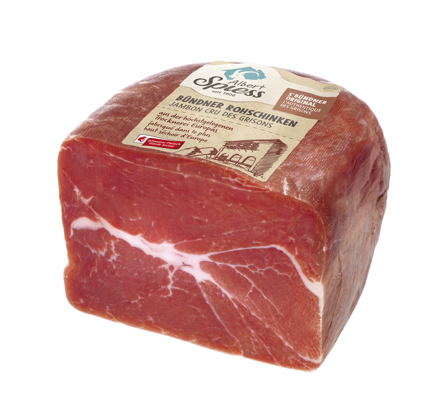 Bündner Rohschinken  ½ "Super" ohne Schwarte 900g - 1.1 kg, hergestellt aus Schweizer Schweinefleisch 100g  CHF 4.55