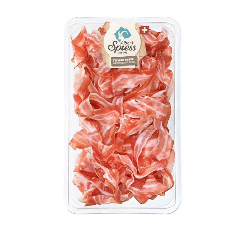 Prättigauer Bauernspeck geräuchert, handgelegt 100g - 120g, hergestellt aus Schweizer Schweinefleisch 100g / CHF 6.70