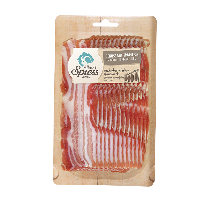Bündner Rohessspeck, luftgetrocknet geschnitten 100g - 120g, hergestellt aus Schweizer Schweinefleisch 100g / CHF 5.30