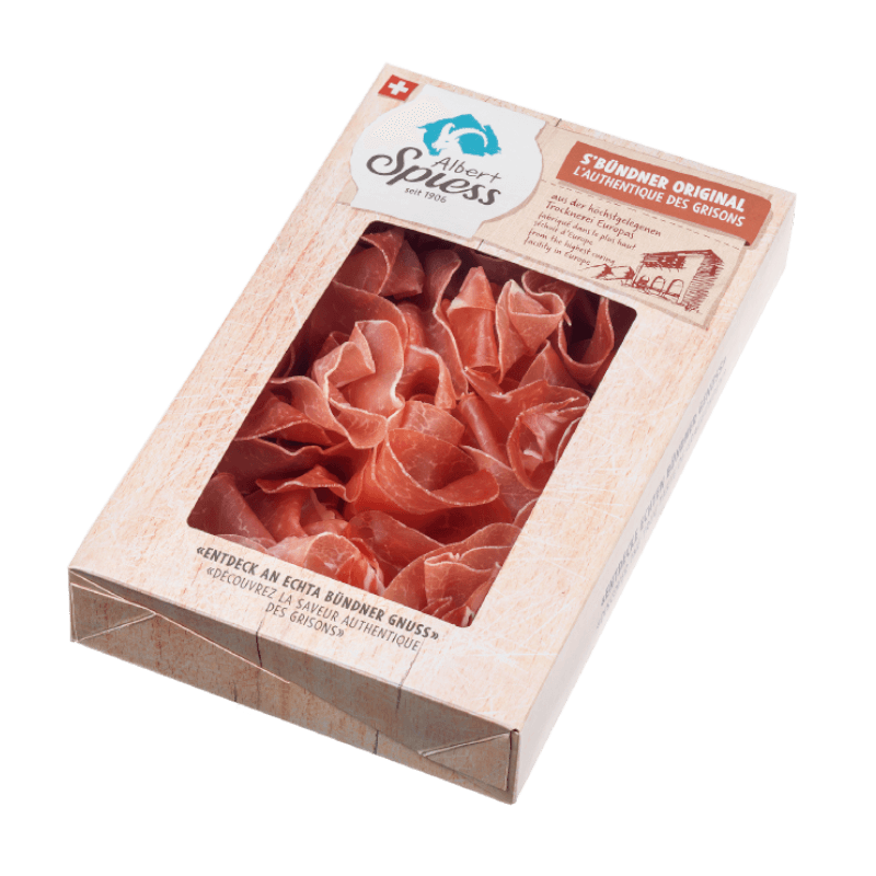 Bündner Rohschinken, handgelegt im Karton, 100g - 120g, hergestellt aus Schweizer Schweinefleisch 100g /  CHF 8.20