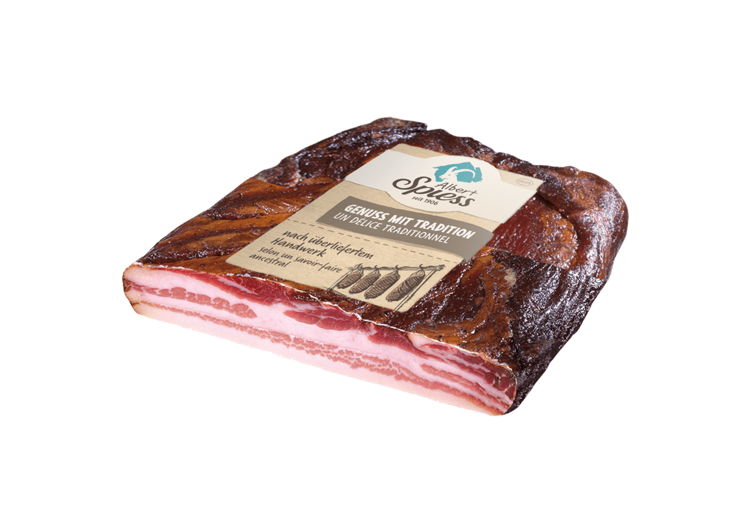 Prättigauer Bauernspeck geräuchert ⅓ Seite, 320 - 450g hergestellt aus Schweizer Schweinefleisch 100g /  CHF 4.50