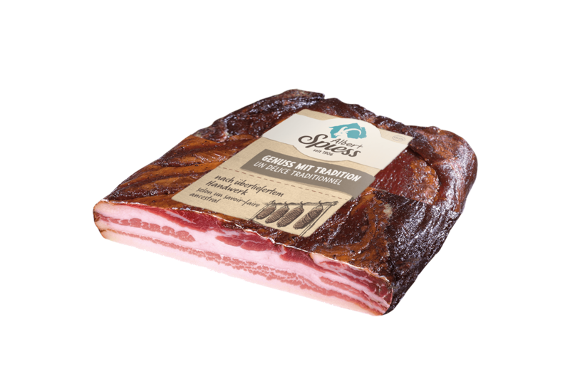 Prättigauer Bauernspeck geräuchert ⅓ Seite, 320 - 450g hergestellt aus Schweizer Schweinefleisch 100g /  CHF 4.50