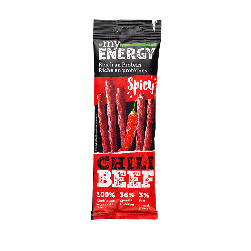 myENERGY BEEF CHILI 50g, hergestellt aus 100% Schweizer Rindfleisch