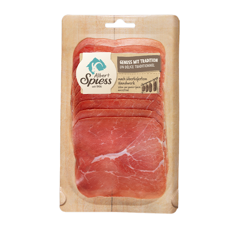 Bündner Rohschinken geschnitten, 100g - 120g, hergestellt aus Schweizer Schweinefleisch 100g / CHF 6.15 Bündner Rohschinken geschnitten, 100g - 120g, hergestellt aus Schweizer Schweinefleisch 100g / CHF 6.15