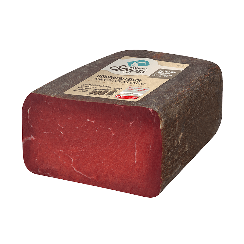 Bündnerfleisch ½ Bündnerfleisch ½ "Eckstück" 800g - 1kg, hergestellt aus Schweizer Rindfleisch 100g / CHF 9.60