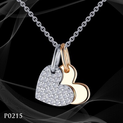 P0215 PLATINUM AND YELLOW GOLD OVER STERLING SILVER DOUBLE HEART SIMULATED DIAMOND PENDANT. 0.35 CARATS TOTAL