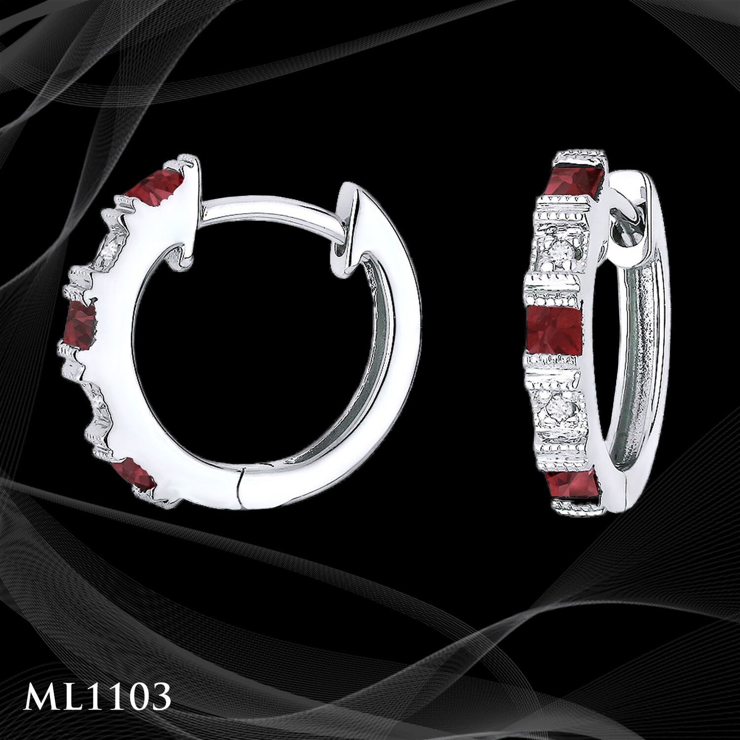 14 Karat white gold diamond and ruby huggie 14 Karat white gold diamond and ruby huggie