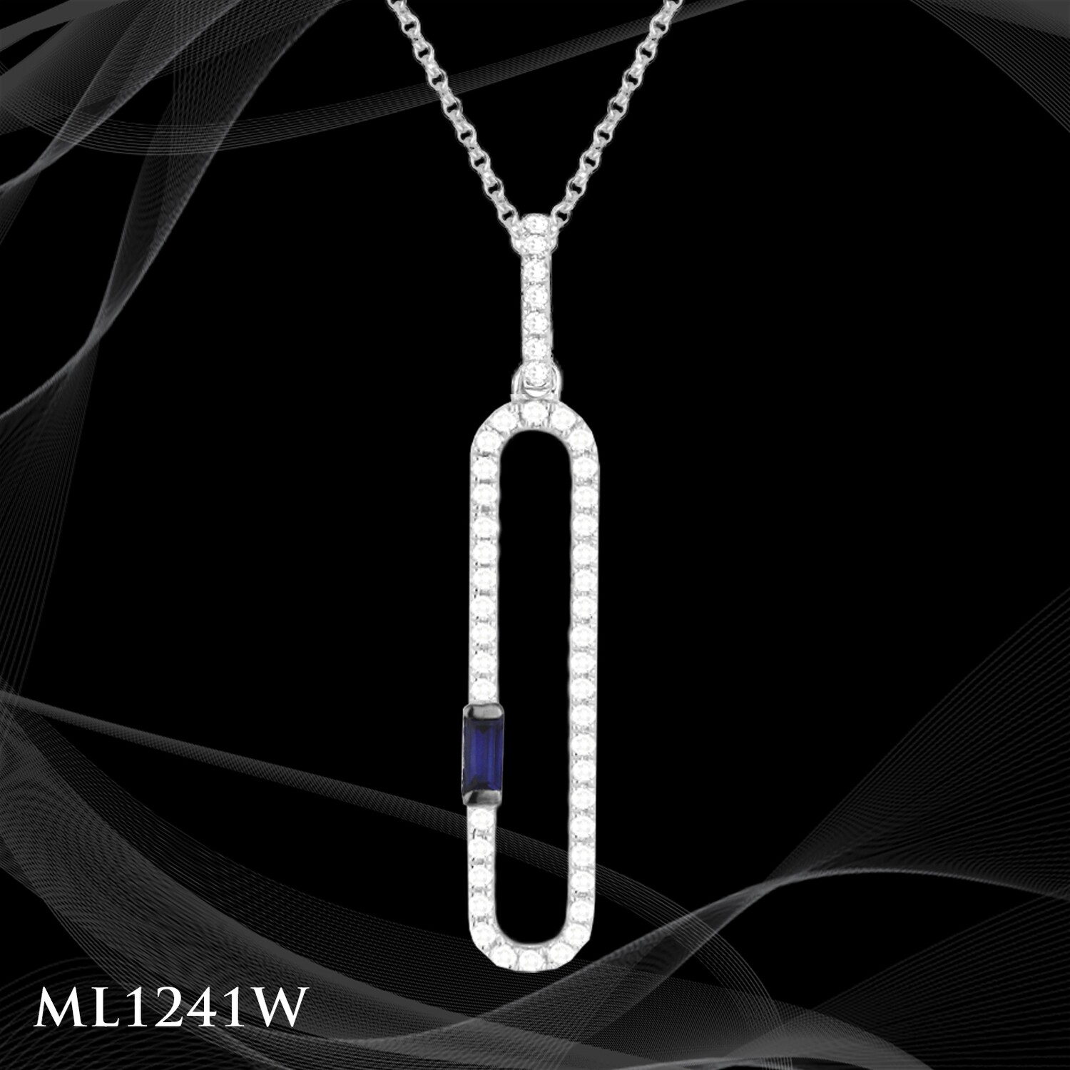14 Karat white gold diamond and sapphire paperclip pendant. 14 Karat white gold diamond and sapphire paperclip pendant.