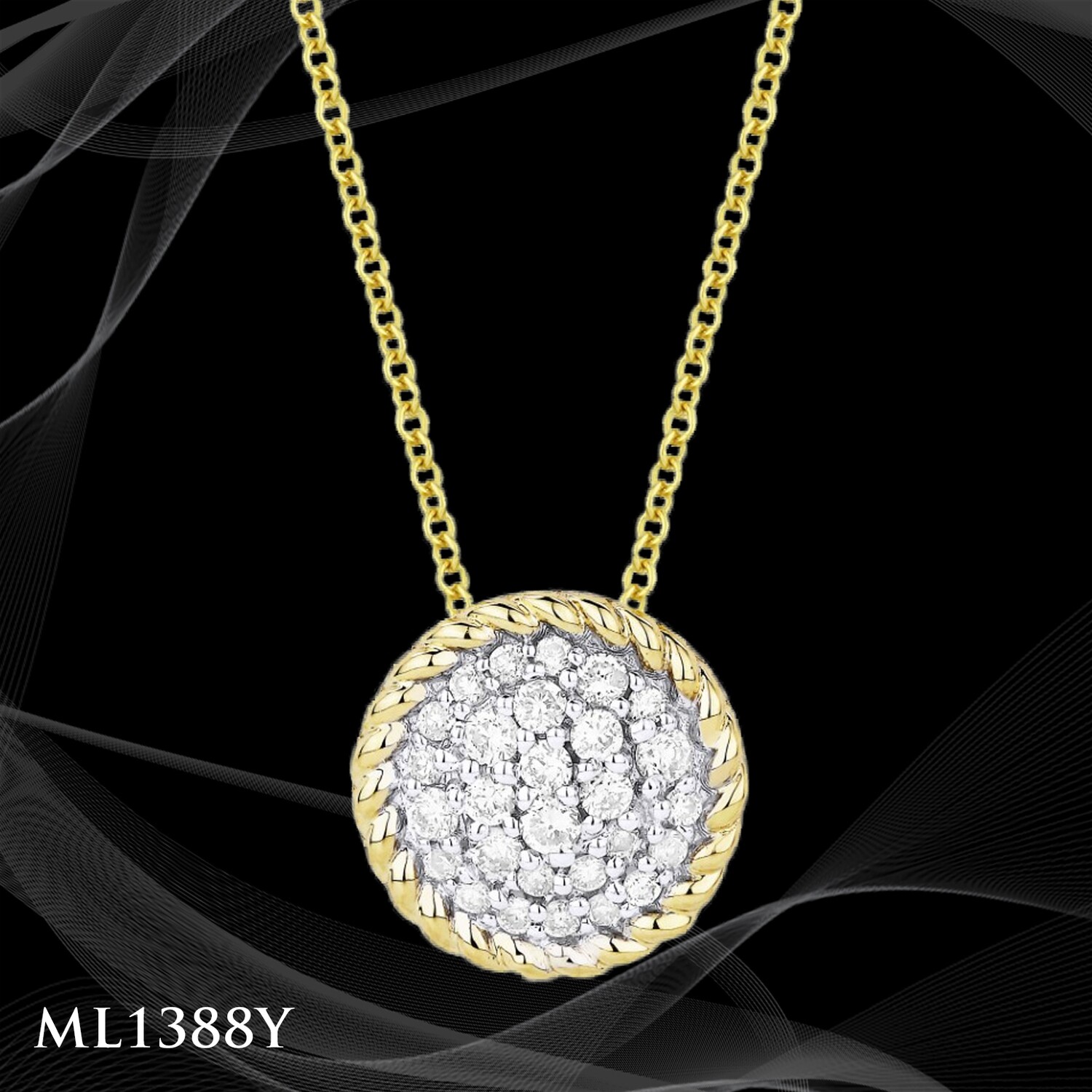 14 Karat yellow gold diamond pave circle pendant. 14 Karat yellow gold diamond pave circle pendant.