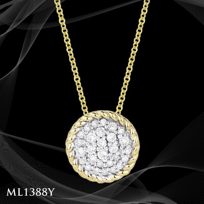14 Karat yellow gold diamond pave circle pendant. 14 Karat yellow gold diamond pave circle pendant.