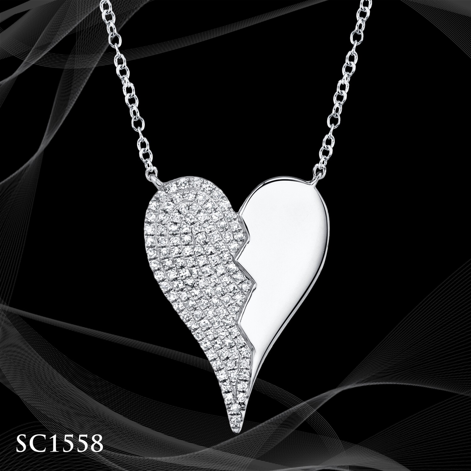 14 KARAT WHITE GOLD DIAMOND PAVE AND HIGH POLISH HEART DESIGNER HEART PENDANT 14 KARAT WHITE GOLD DIAMOND PAVE AND HIGH POLISH HEART DESIGNER HEART PENDANT