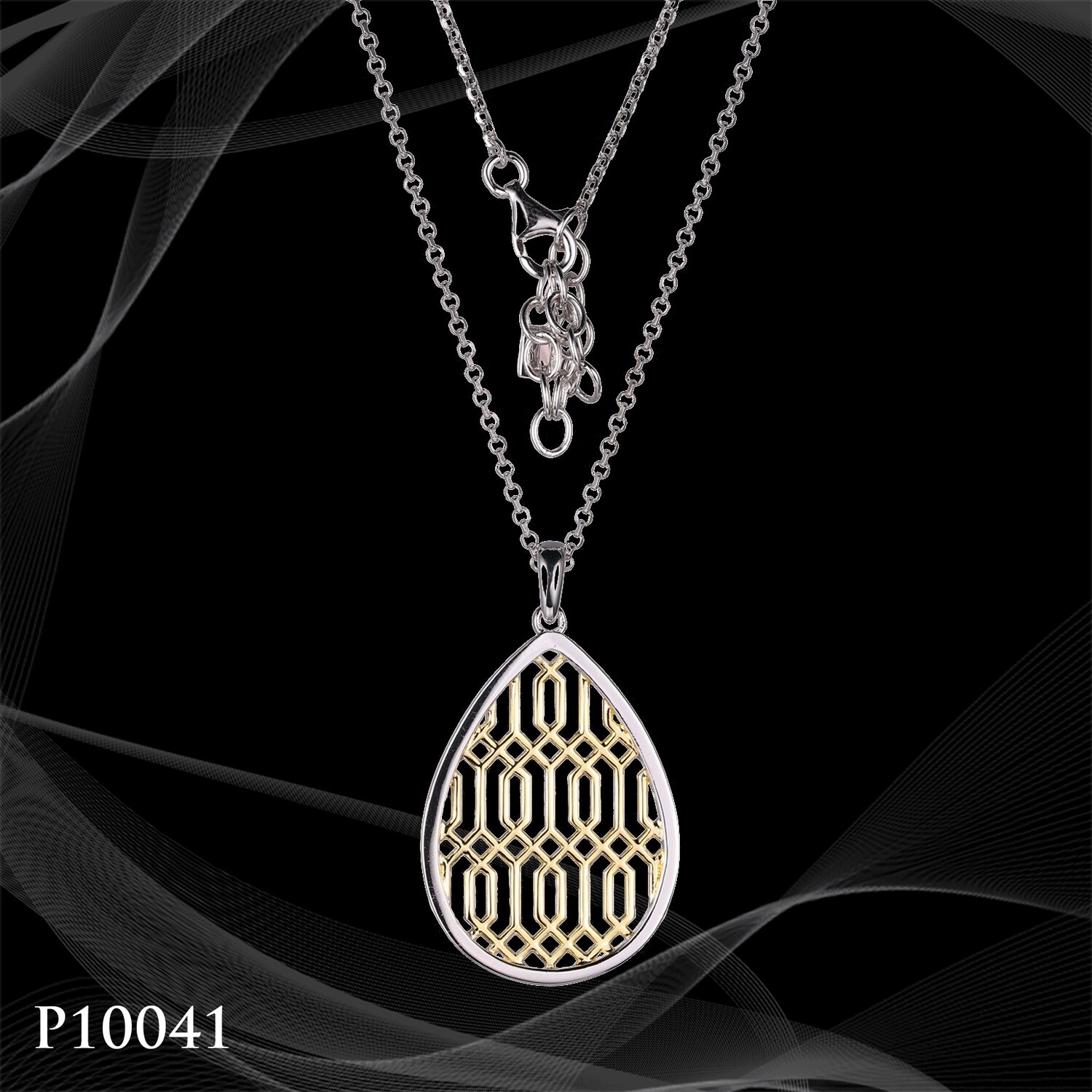 P10041 TWO-TONE STERLING SILVER PEAR SHAPED PENDANT