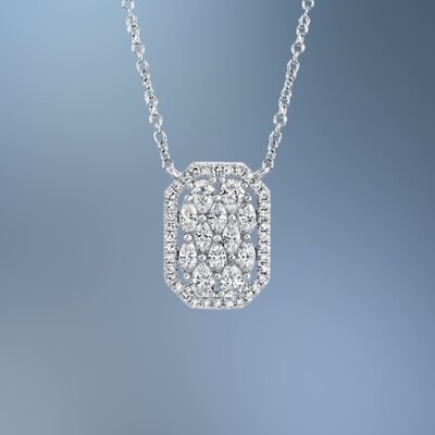 14KT WHITE GOLD DIAMOND PENDANT FEATURING 4 PEAR SHAPED DIAMONDS, 8 MARQUISE SHAPED DIAMONDS, AND 35 ROUND BRILLIANT CUT DIAMONDS TOTALING 0.62 CTS.