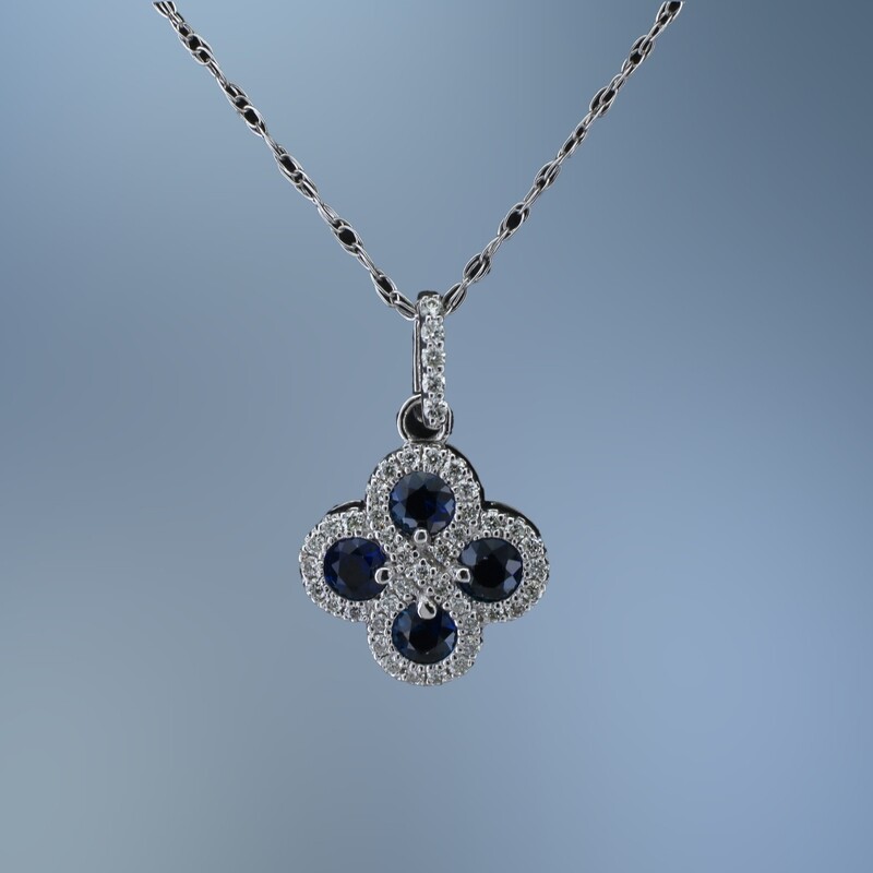 14KT WHITE GOLD SAPPHIRE AND DIAMOND PENDANT FEATURING 4 SAPPHIRES TOTALING .50 CTS AND 45 DIAMONDS TOTALING .20 CTS