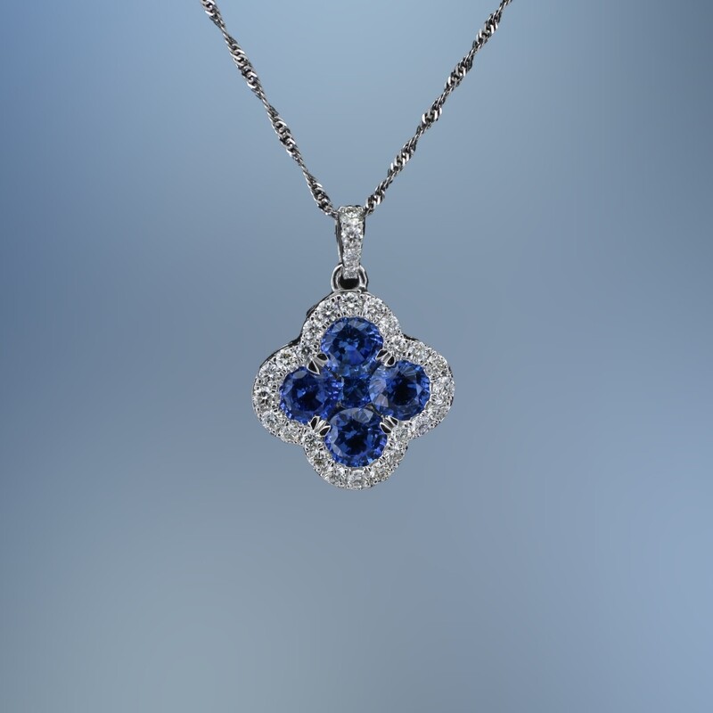 14KT WHITE GOLD SAPPHIRE & DIAMOND PENDANT FEATURING 5 SAPPHIRES TOTALING 1.92 CTS AND  28 ROUND BRILLIANT CUT DIAMONDS TOTALING .46 CTS