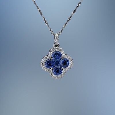 14KT WHITE GOLD SAPPHIRE & DIAMOND PENDANT FEATURING 5 SAPPHIRES TOTALING 1.92 CTS AND  28 ROUND BRILLIANT CUT DIAMONDS TOTALING .46 CTS