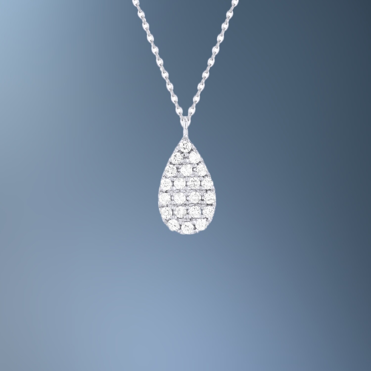 14KT WHITE GOLD PEAR SHAPE DIAMOND PENDANT FEATURING 21 ROUND BRILLIANT CUT DIAMONDS TOTALING 0.14 CTS