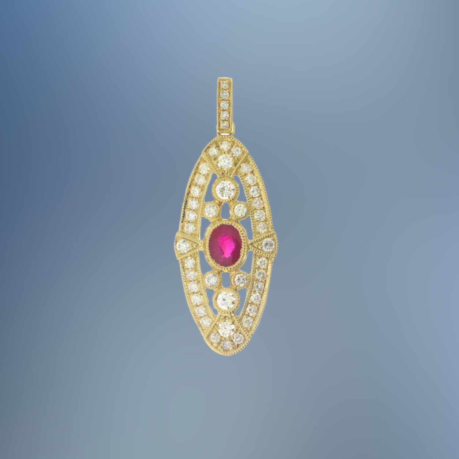 14KT YELLOW GOLD RUBY AND DIAMOND PENDANT FEATURING 1 RUBY TOTALING .030 CTS AND ROUND BRILLIANT CUT DIAMONDS TOTALING 0.35 CTS 14KT YELLOW GOLD RUBY AND DIAMOND PENDANT FEATURING 1 RUBY TOTALING .030 CTS AND ROUND BRILLIANT CUT DIAMONDS TOTALING 0.35 CTS