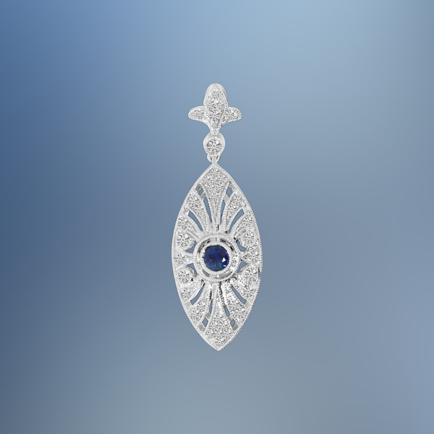 14KT WHITE GOLD  SAPPHIRE & DIAMOND PENDANT FEATURING A .16 CT SAPPHIRE AND  .20 CTS OF  ROUND BRILLIANT CUT DIAMONDS