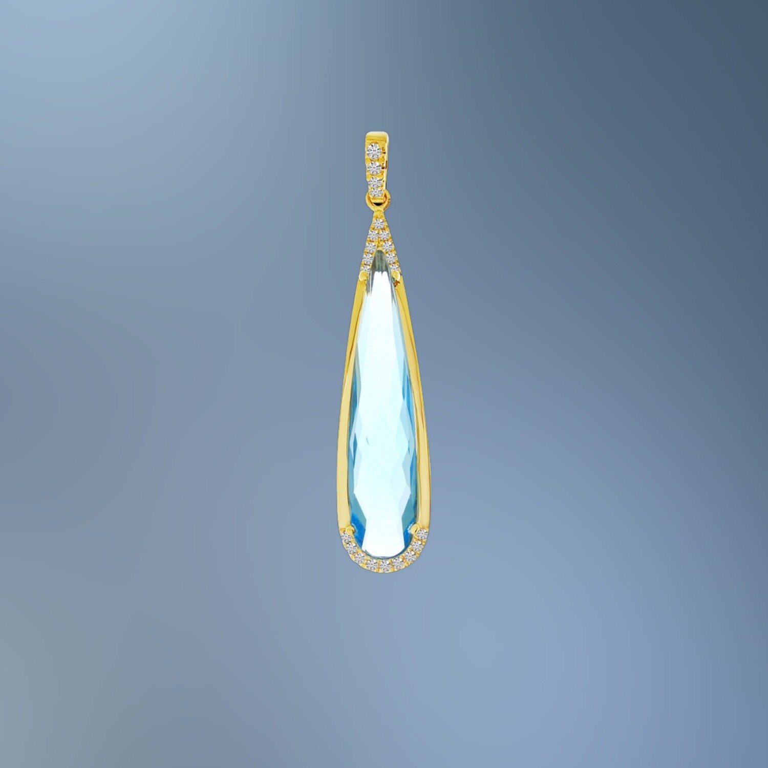 14KT YELLOW GOLD BLUE TOPAZ & DIAMOND PENDANT FEATURING A BLUE TOPAZ TOTALING 4.67 CTS AND ROUND BRILLIANT CUT DIAMONDS TOTALING .08 CTS 14KT YELLOW GOLD BLUE TOPAZ & DIAMOND PENDANT FEATURING A BLUE TOPAZ TOTALING 4.67 CTS AND ROUND BRILLIANT CUT DIAMONDS TOTALING .08 CTS