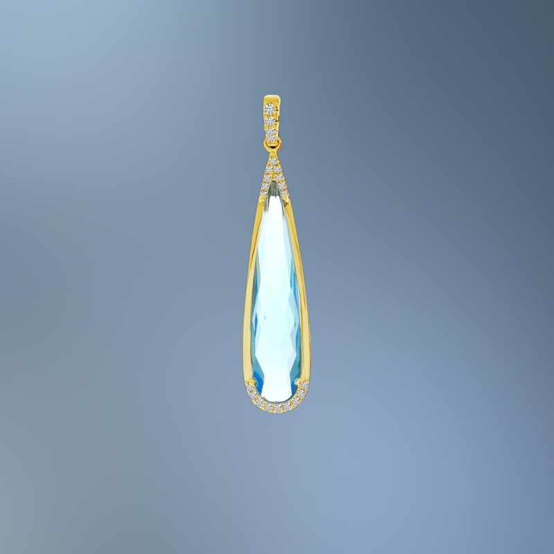 14KT YELLOW GOLD  BLUE TOPAZ & DIAMOND PENDANT FEATURING A BLUE TOPAZ TOTALING  4.67 CTS AND  ROUND BRILLIANT CUT  DIAMONDS TOTALING .08 CTS